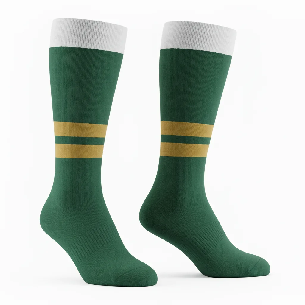 Front view of custom soccer crew socks in polyester-nylon-spandex knit with yarn-dyed team color stripes and calf-height cuff from Empire Five Athletics