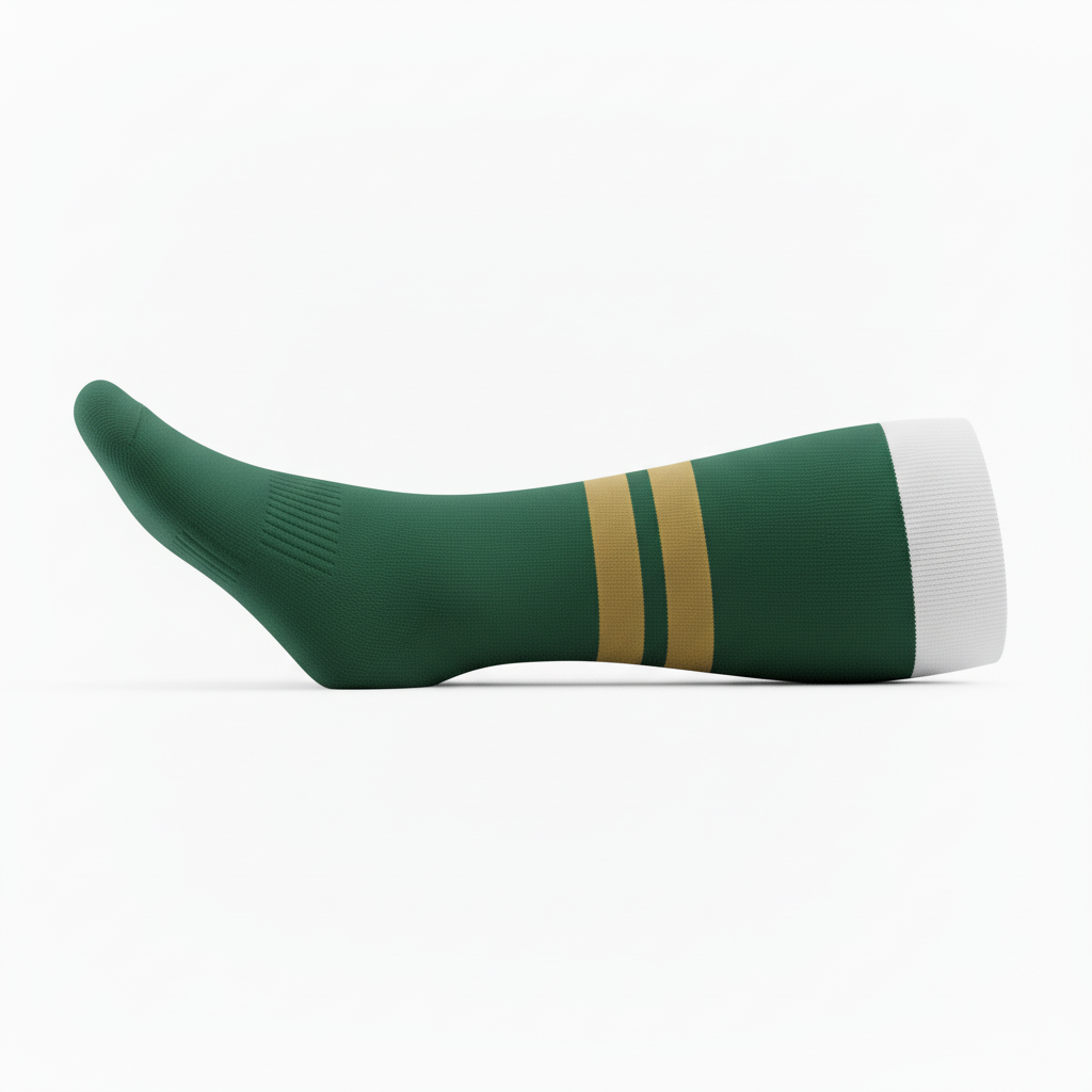 Side view of custom soccer crew socks showing yarn-dyed striping pattern and the calf-height cuff position above the ankle bone