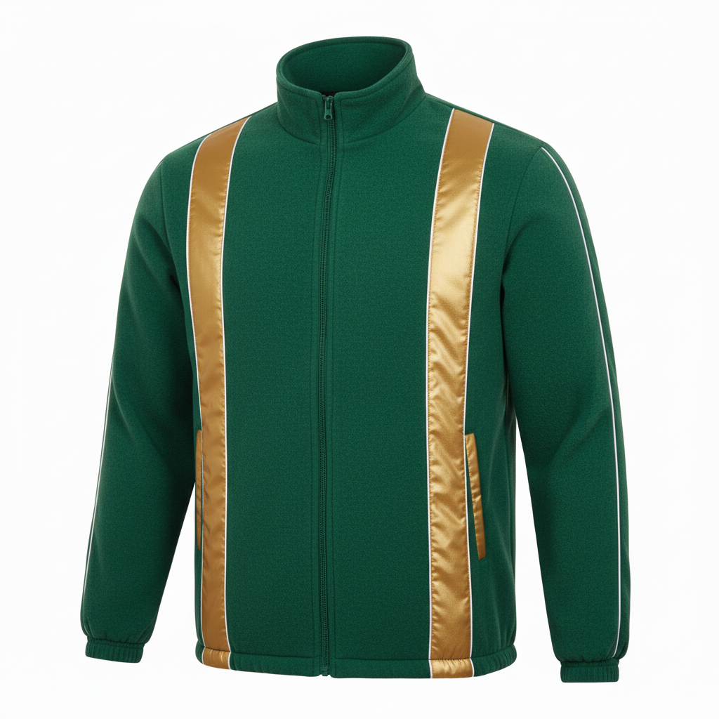 Front view of custom soccer fleece jacket in anti-pill polyester micro-fleece with full-zip front, stand collar, zip pockets, and sublimated team colorway from Empire Five Athletics