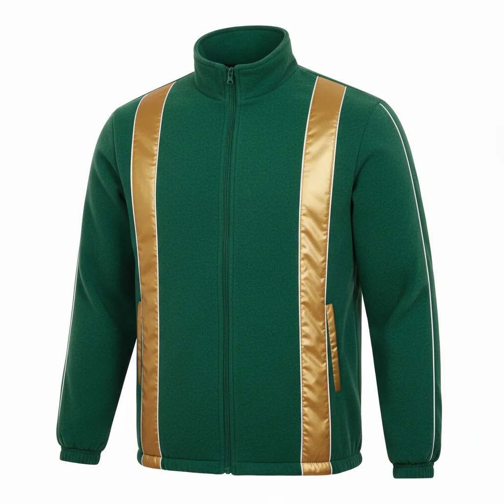 Front view of custom soccer fleece jacket in anti-pill polyester micro-fleece with full-zip front, stand collar, zip pockets, and sublimated team colorway from Empire Five Athletics