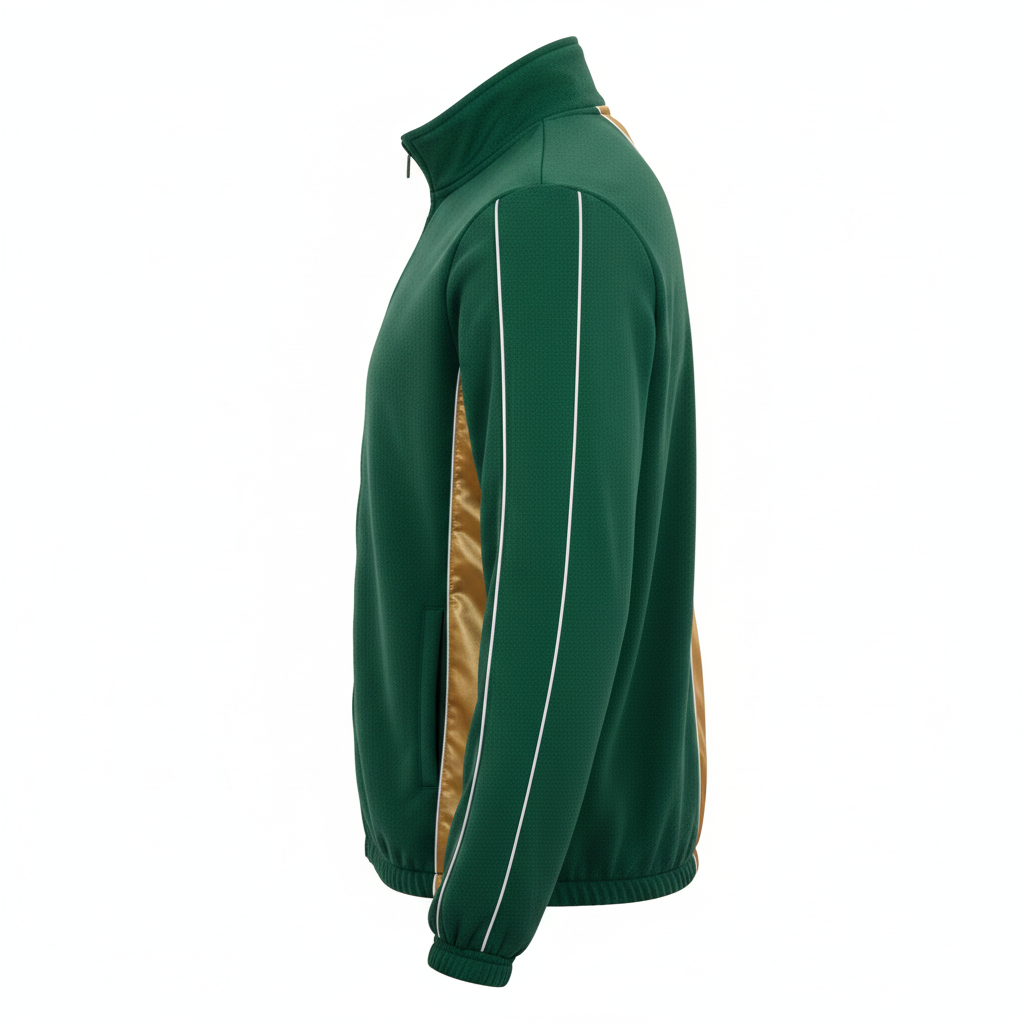 Side view of custom soccer fleece jacket showing the full-zip front, stand collar, and zip hand pocket