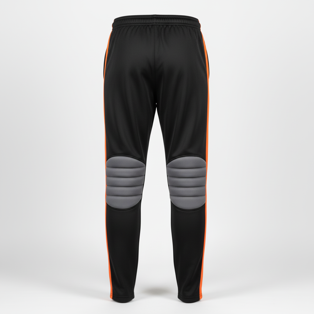 Back view of custom soccer goalkeeper pants showing full-leg construction, tapered ankle, and reinforced waistband