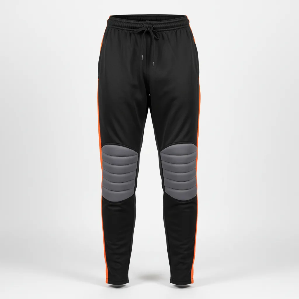 Front view of custom soccer goalkeeper pants with full-leg cut, padded EVA foam thigh and knee panels, and sublimated colorway from Empire Five Athletics