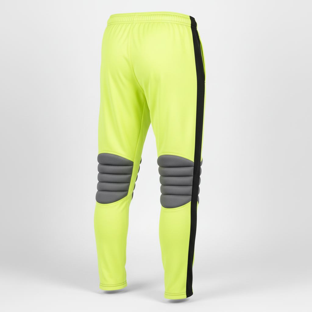 Back view of custom soccer goalkeeper shorts showing flat hip panel for embroidery and reinforced waistband construction