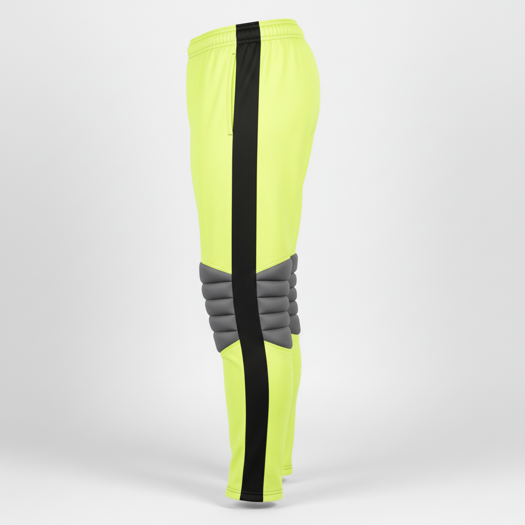 Side view of custom soccer goalkeeper shorts showing the padded EVA foam hip insert and A-line leg-opening cut