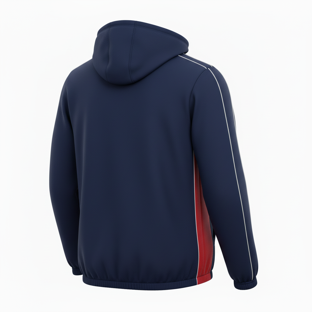 Back view of custom soccer hooded sweatshirt showing club name arch and tackle-twill number