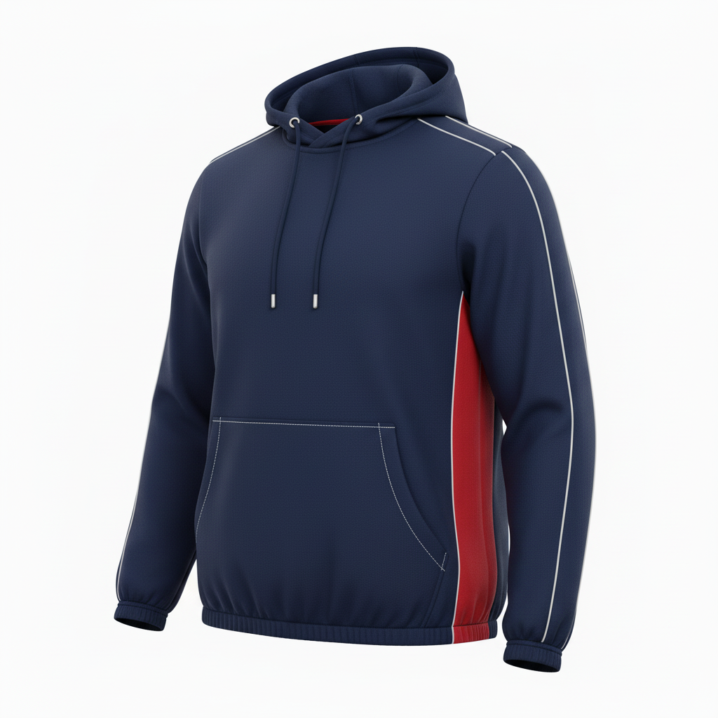 Front view of custom soccer hooded sweatshirt with embroidered club crest on chest and kangaroo pocket in 320 GSM cotton-poly fleece. Empire Five Athletics
