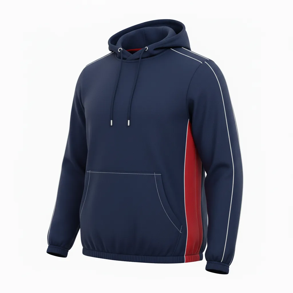 Front view of custom soccer hooded sweatshirt with embroidered club crest on chest and kangaroo pocket in 320 GSM cotton-poly fleece. Empire Five Athletics