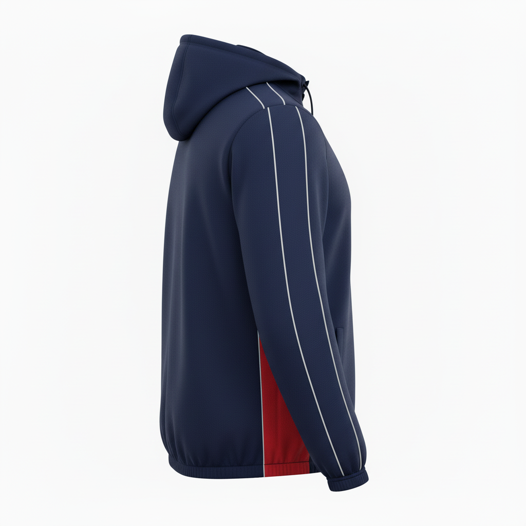 Side view of custom soccer hooded sweatshirt showing the drawstring hood and ribbed cuff construction