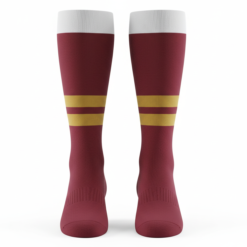 Front view of custom soccer knee-high socks in polyester-nylon-spandex knit with yarn-dyed team color stripes from Empire Five Athletics