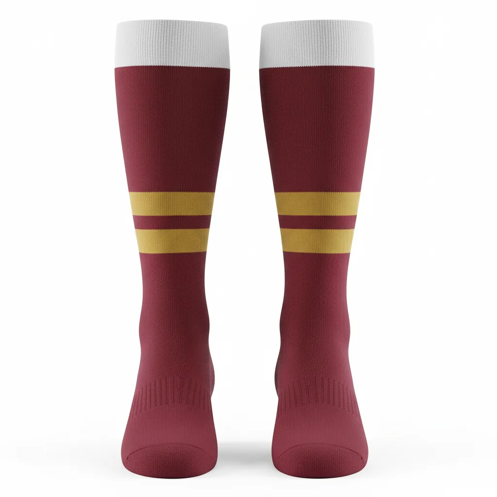 Front view of custom soccer knee-high socks in polyester-nylon-spandex knit with yarn-dyed team color stripes from Empire Five Athletics