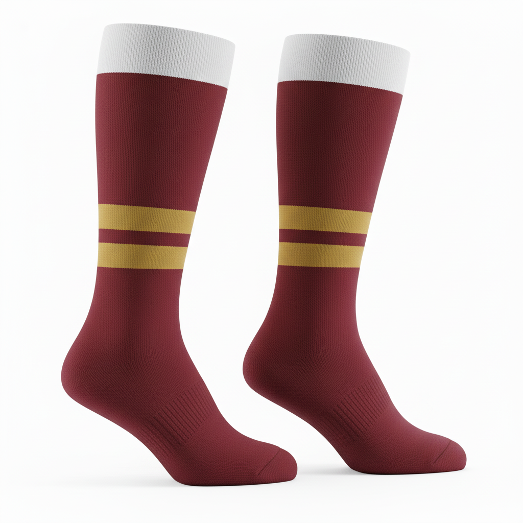 Side view of custom soccer knee-high socks showing yarn-dyed striping pattern and reinforced foot-bed construction