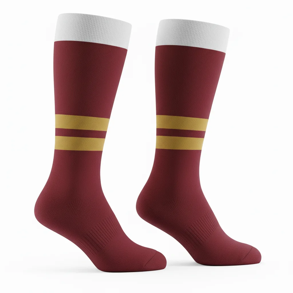 Side view of custom soccer knee-high socks showing yarn-dyed striping pattern and reinforced foot-bed construction
