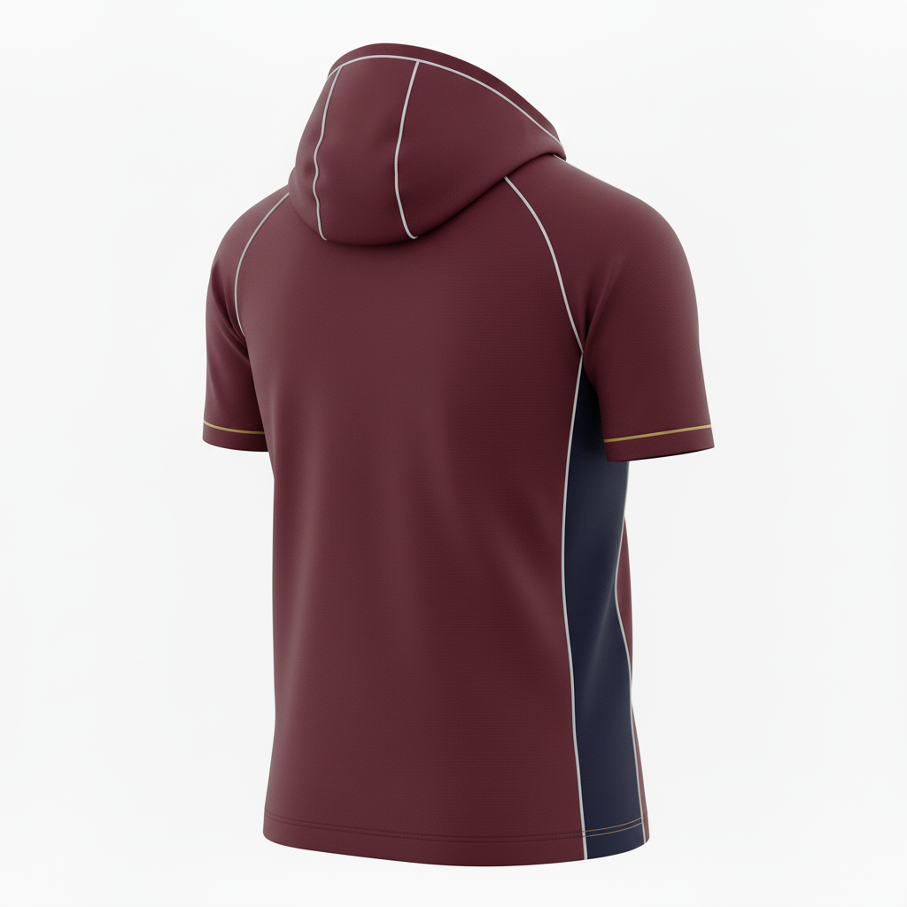 Back view of custom soccer rain jacket showing full-panel sublimation area for a club mark and the hooded wet-weather shell