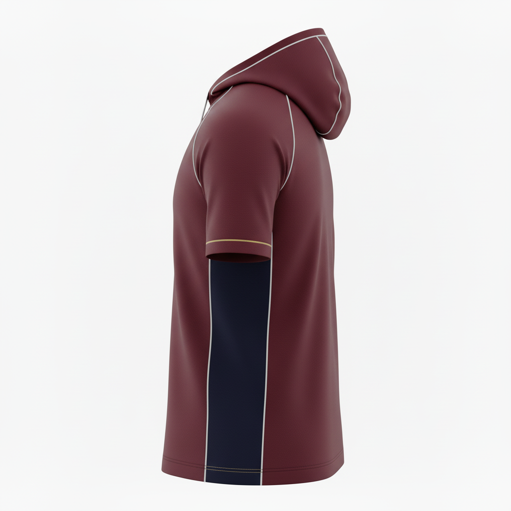 Side view of custom soccer rain jacket showing the hip-length cut, taped seams, and packable hood