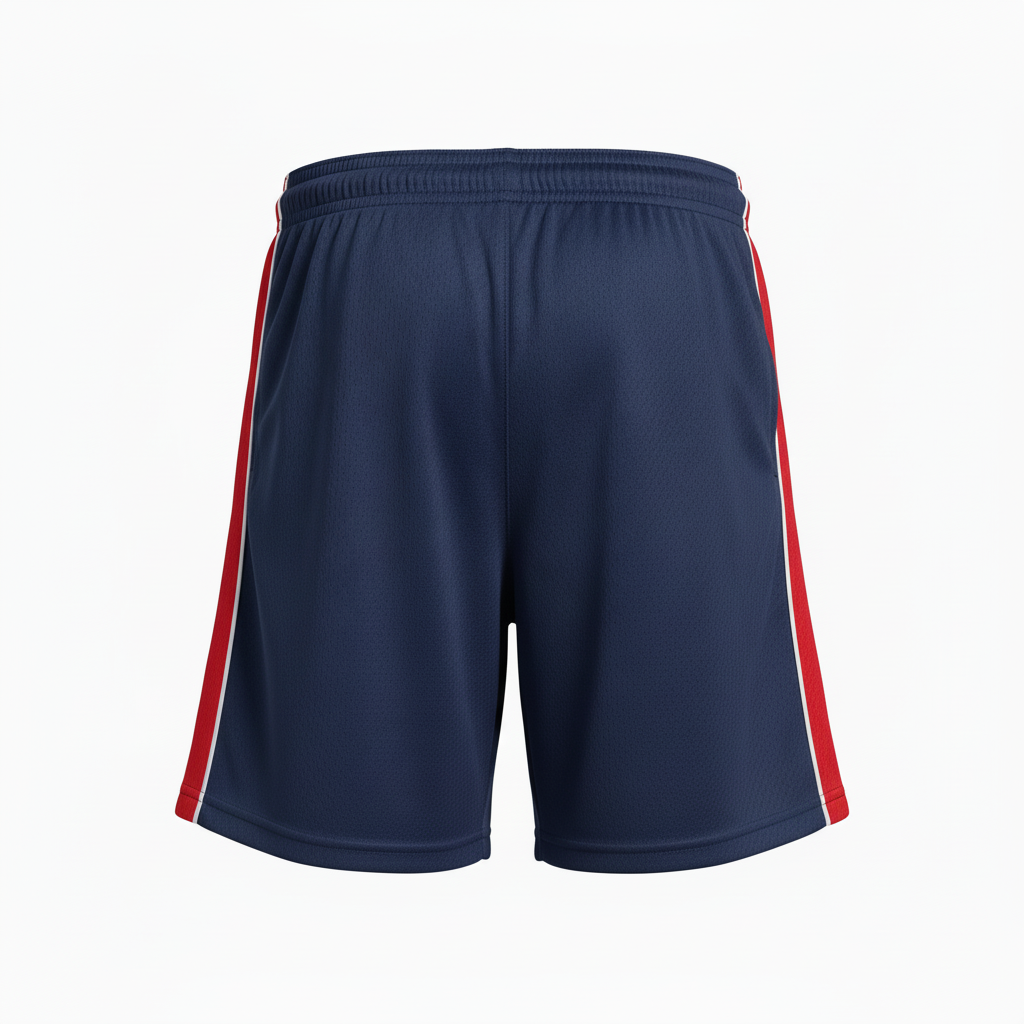 Back view of custom 5-inch men's soccer shorts showing the A-line leg opening drape and elastic waistband