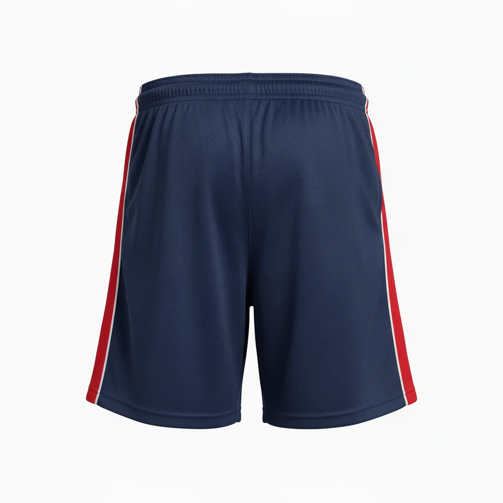 Back view of custom 5-inch men's soccer shorts showing the A-line leg opening drape and elastic waistband