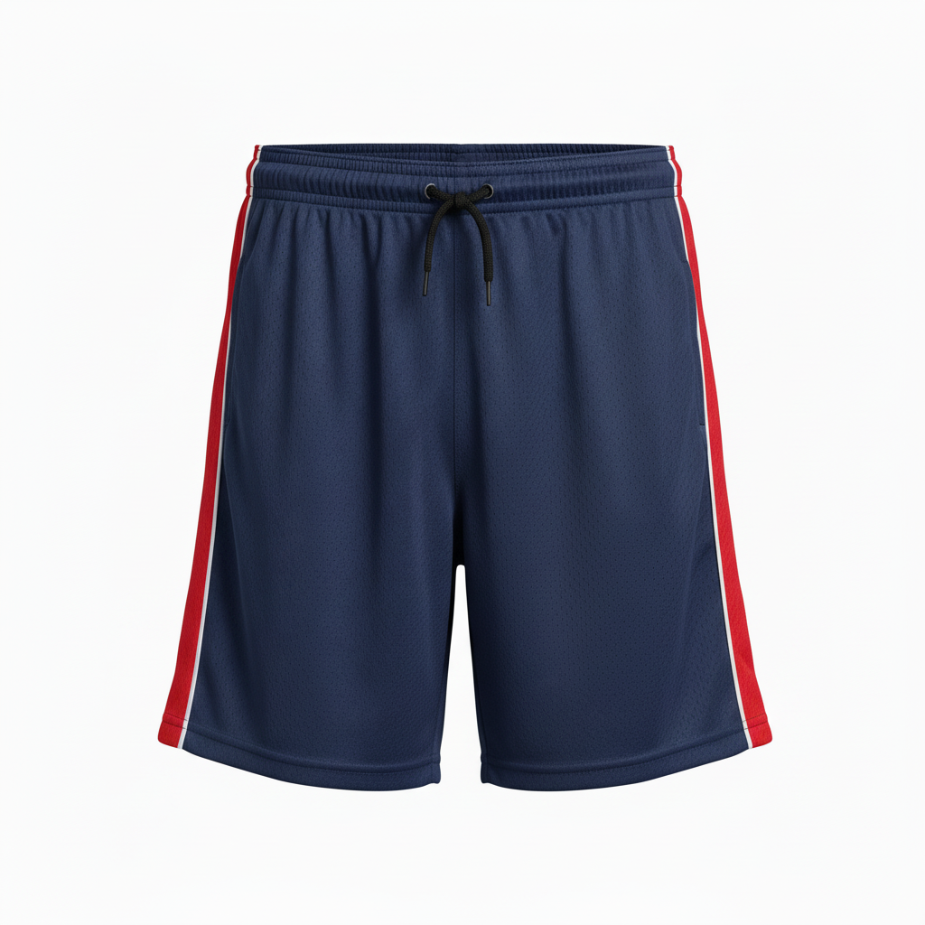 Front view of custom 5-inch men's soccer shorts with team logo on hip and sublimated colorway. Empire Five Athletics