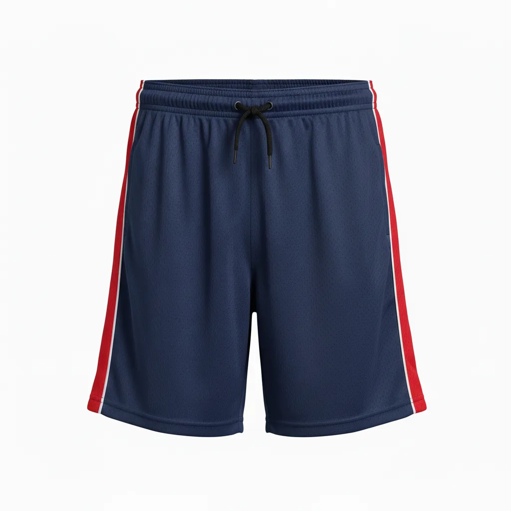 Front view of custom 5-inch men's soccer shorts with team logo on hip and sublimated colorway. Empire Five Athletics