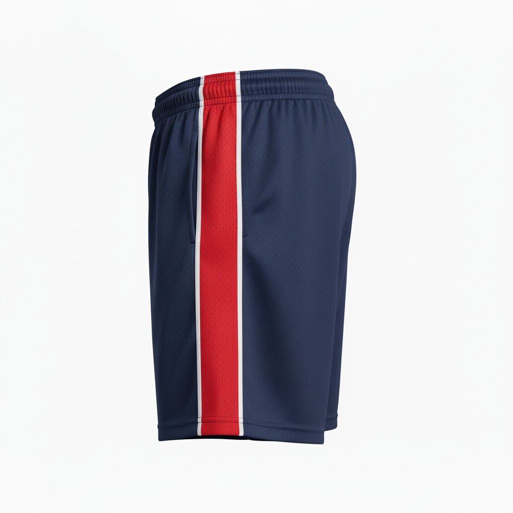 Side view of custom 5-inch men's soccer shorts showing the 5-inch inseam, A-line cut, and side-seam construction