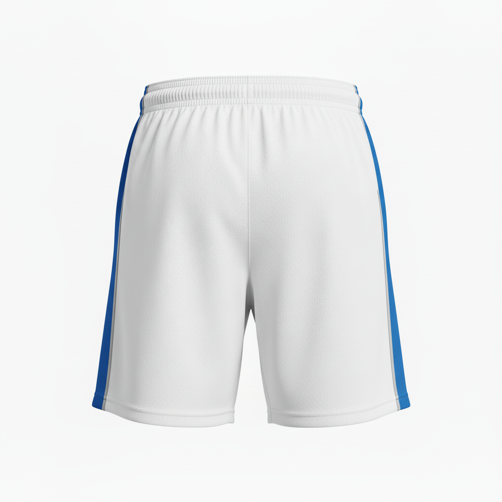 Back view of custom men's 7-inch soccer shorts showing the A-line leg opening drape, longer leg tube, and elastic waistband