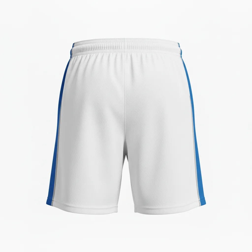 Back view of custom men's 7-inch soccer shorts showing the A-line leg opening drape, longer leg tube, and elastic waistband
