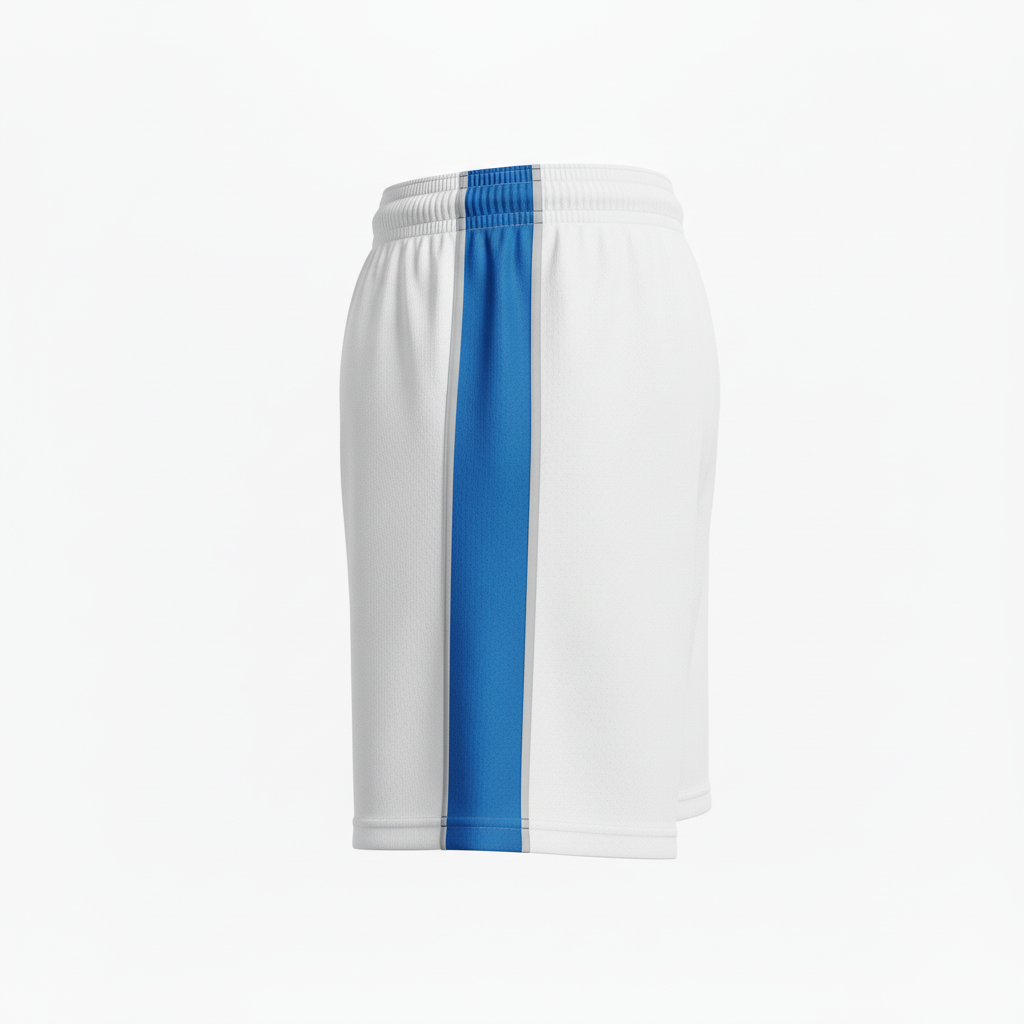 Side view of custom men's 7-inch soccer shorts showing the 7-inch inseam falling at the lower thigh with A-line cut