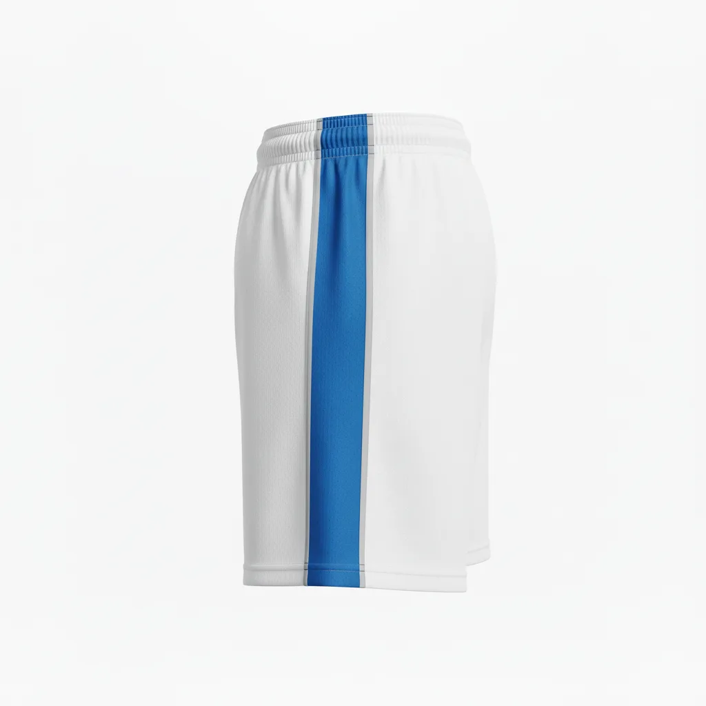 Side view of custom men's 7-inch soccer shorts showing the 7-inch inseam falling at the lower thigh with A-line cut