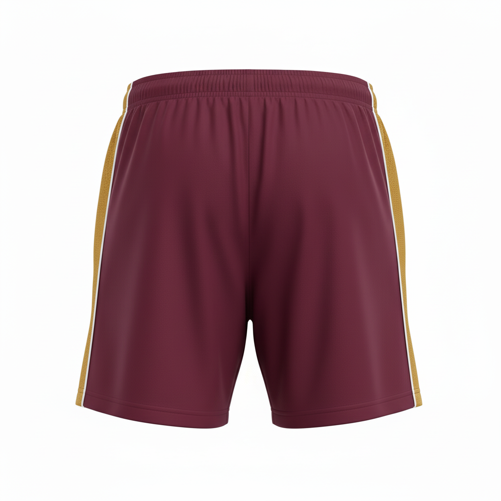 Back view of custom women's 3-inch soccer shorts showing the A-line leg opening drape and elastic waistband with women's-pattern cut