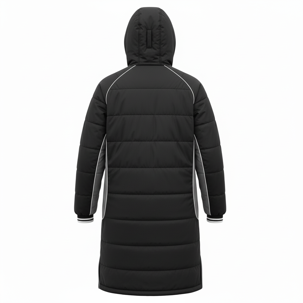 Back view of custom soccer sideline parka showing knee-length cut and large back panel for sublimated club mark