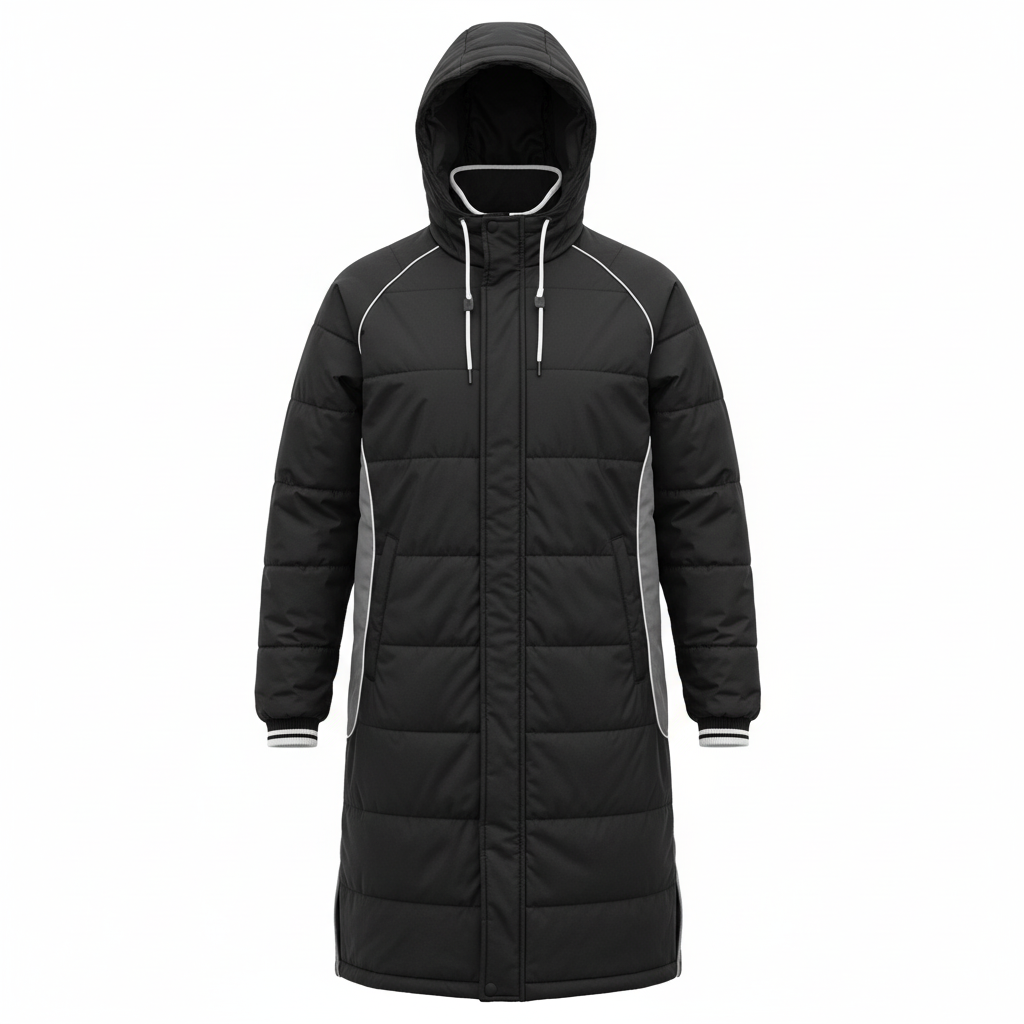 Front view of custom soccer sideline parka with quilted-insulated polyester shell and adjustable hood from Empire Five Athletics