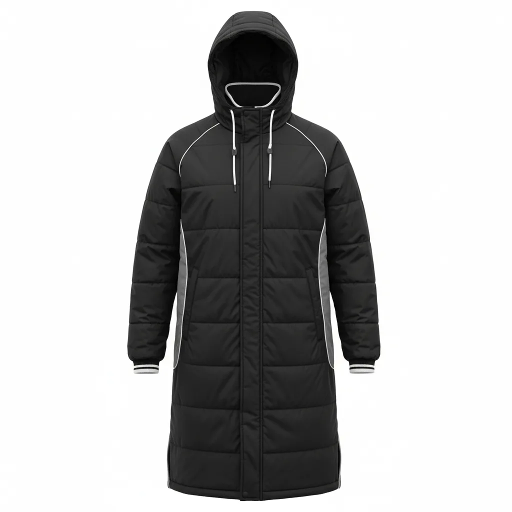 Front view of custom soccer sideline parka with quilted-insulated polyester shell and adjustable hood from Empire Five Athletics
