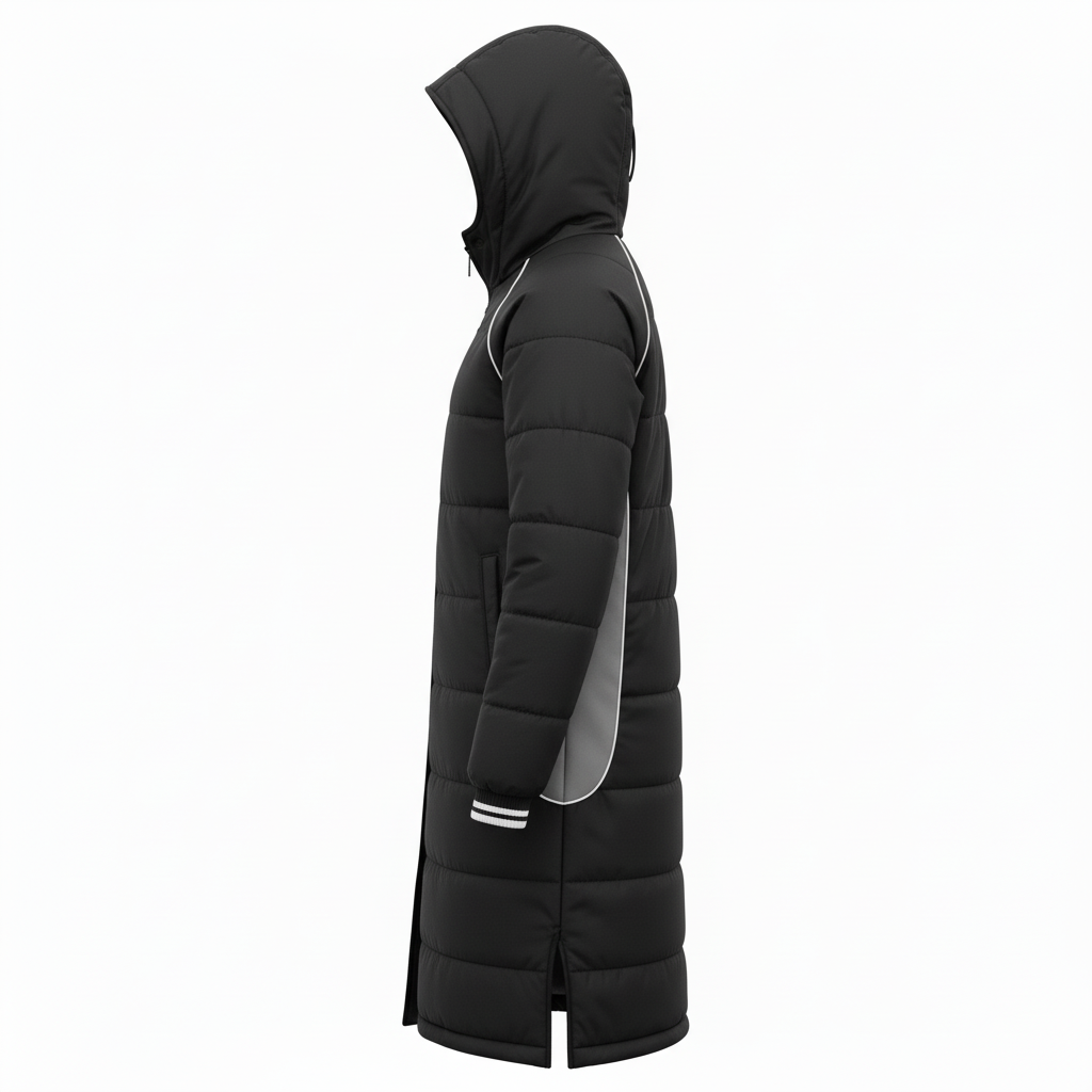 Side view of custom soccer sideline parka showing full-zip front and quilted side panels