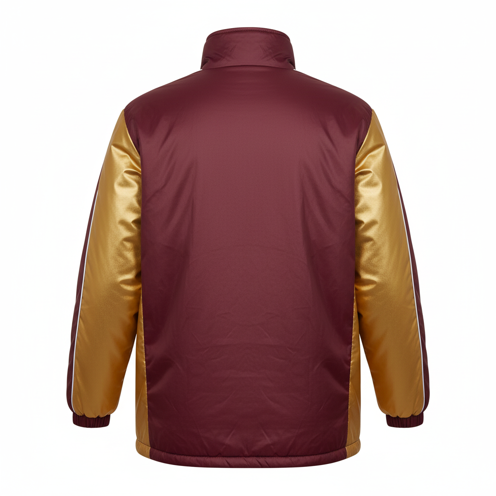Back view of custom soccer stadium jacket showing the full-panel sublimation area for a club mark