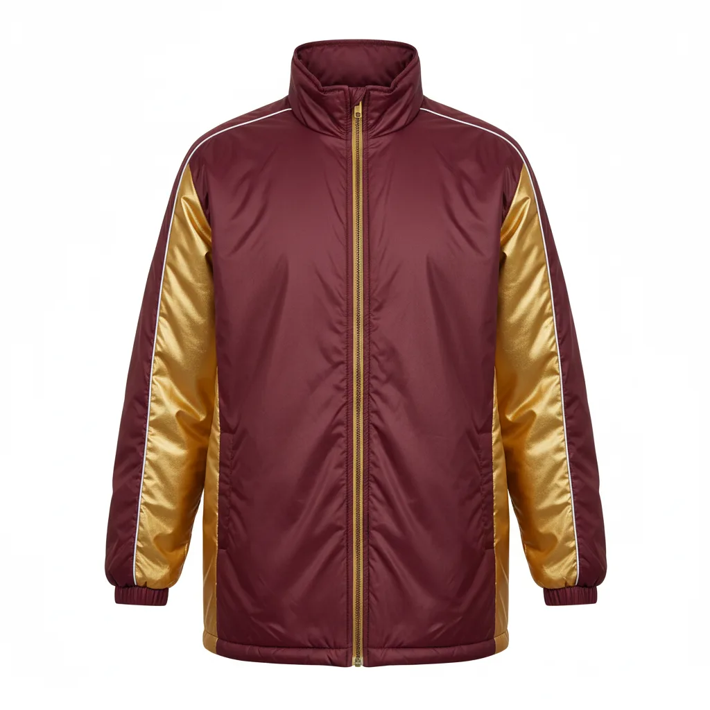 Front view of custom soccer stadium jacket, a mid-length insulated full-zip jacket with an attached hood in sublimated team colors from Empire Five Athletics