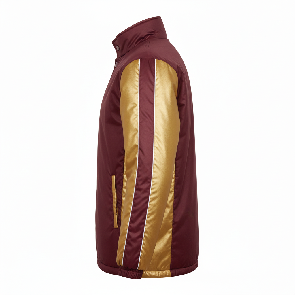 Side view of custom soccer stadium jacket showing the hip-length insulated cut, full-zip front, and attached hood