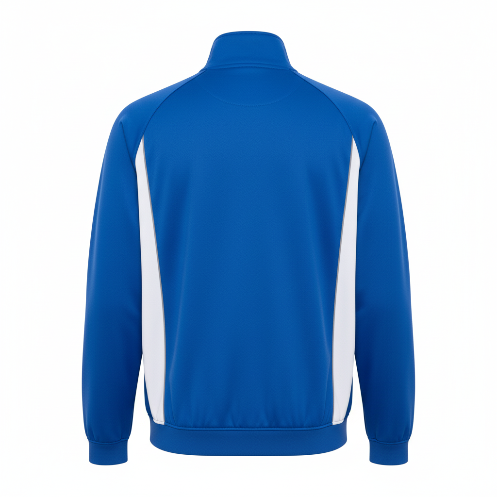 Back view of custom soccer track jacket showing full-panel sublimation area for a club mark and ribbed hem