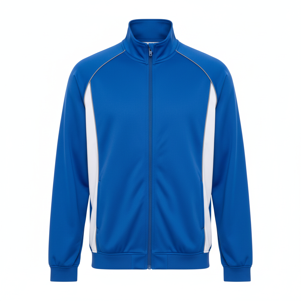 Front view of custom soccer track jacket in lightweight polyester tricot with full-zip front, ribbed cuffs, and sublimated team colorway from Empire Five Athletics