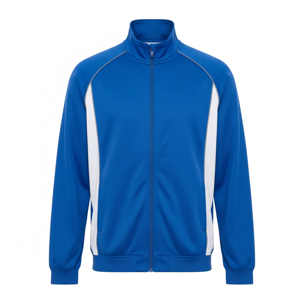 Front view of custom soccer track jacket in lightweight polyester tricot with full-zip front, ribbed cuffs, and sublimated team colorway from Empire Five Athletics
