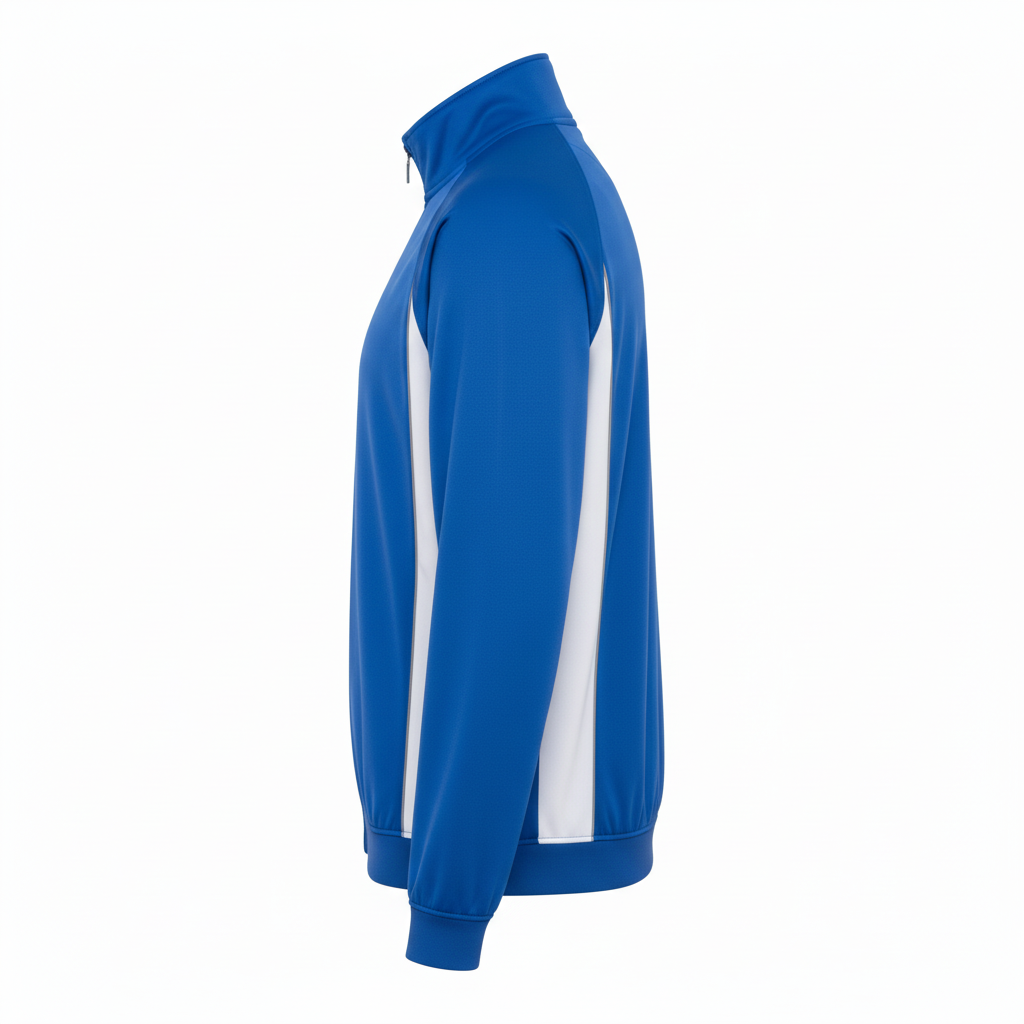 Side view of custom soccer track jacket showing the hip-length active cut, full sleeve sublimation, and ribbed cuff