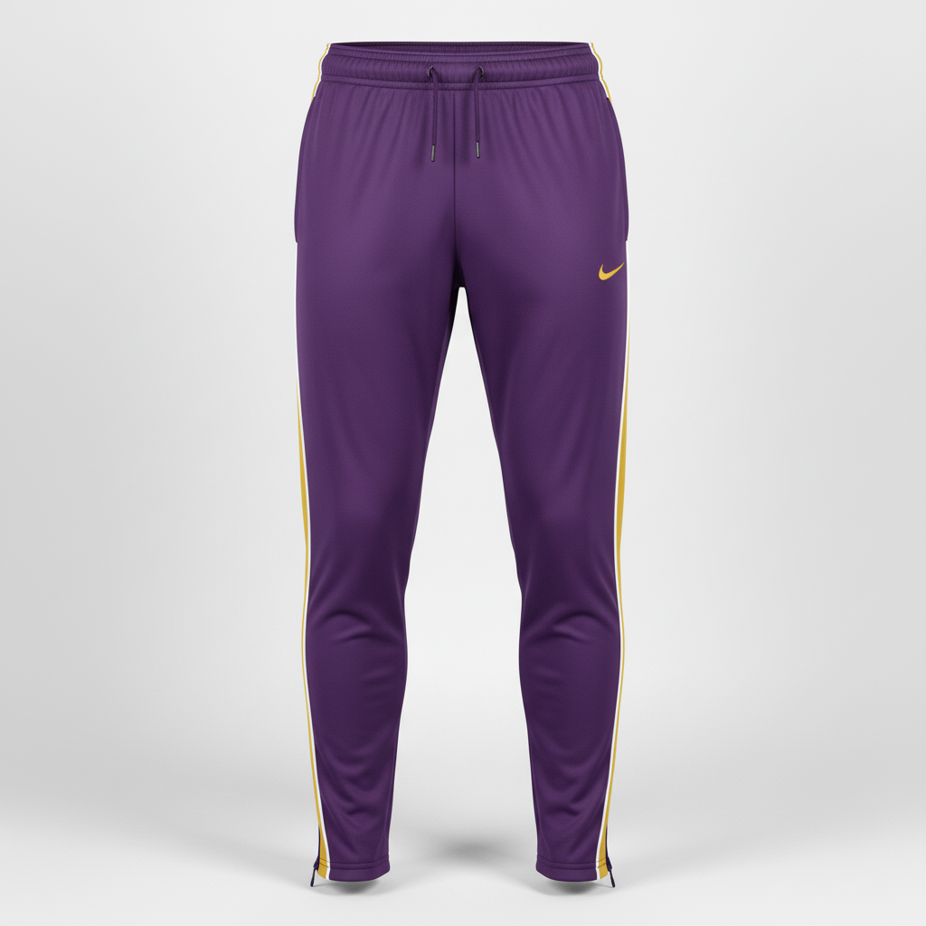 Front view of custom soccer training pants in fitted tapered cut, ~280 GSM polyester tricot with side zip pockets and sublimated team colorway from Empire Five Athletics