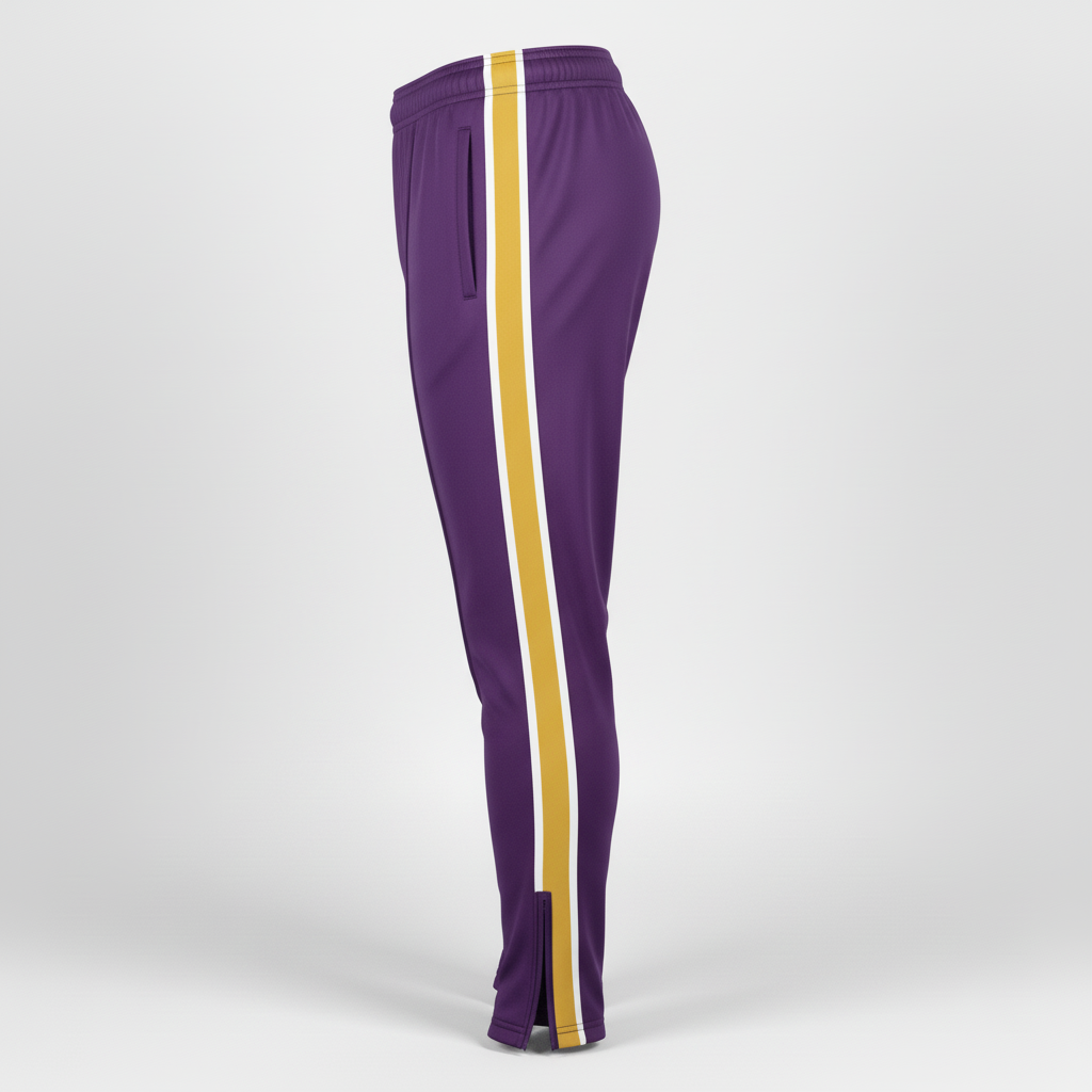 Side view of custom soccer training pants showing the tapered ankle, side zip pocket, and full-leg sublimation zone