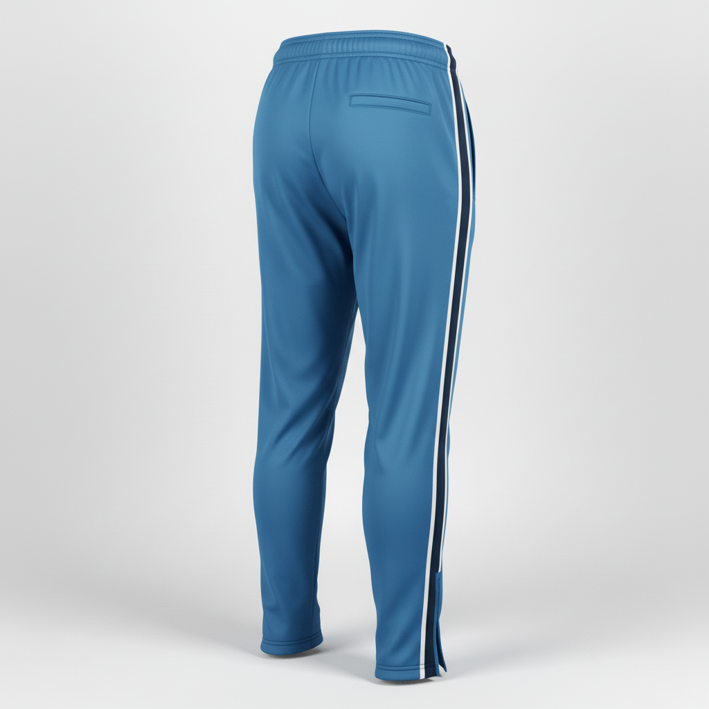 Back view of custom loose-fit soccer training pants showing the relaxed straight-leg cut and elastic waistband