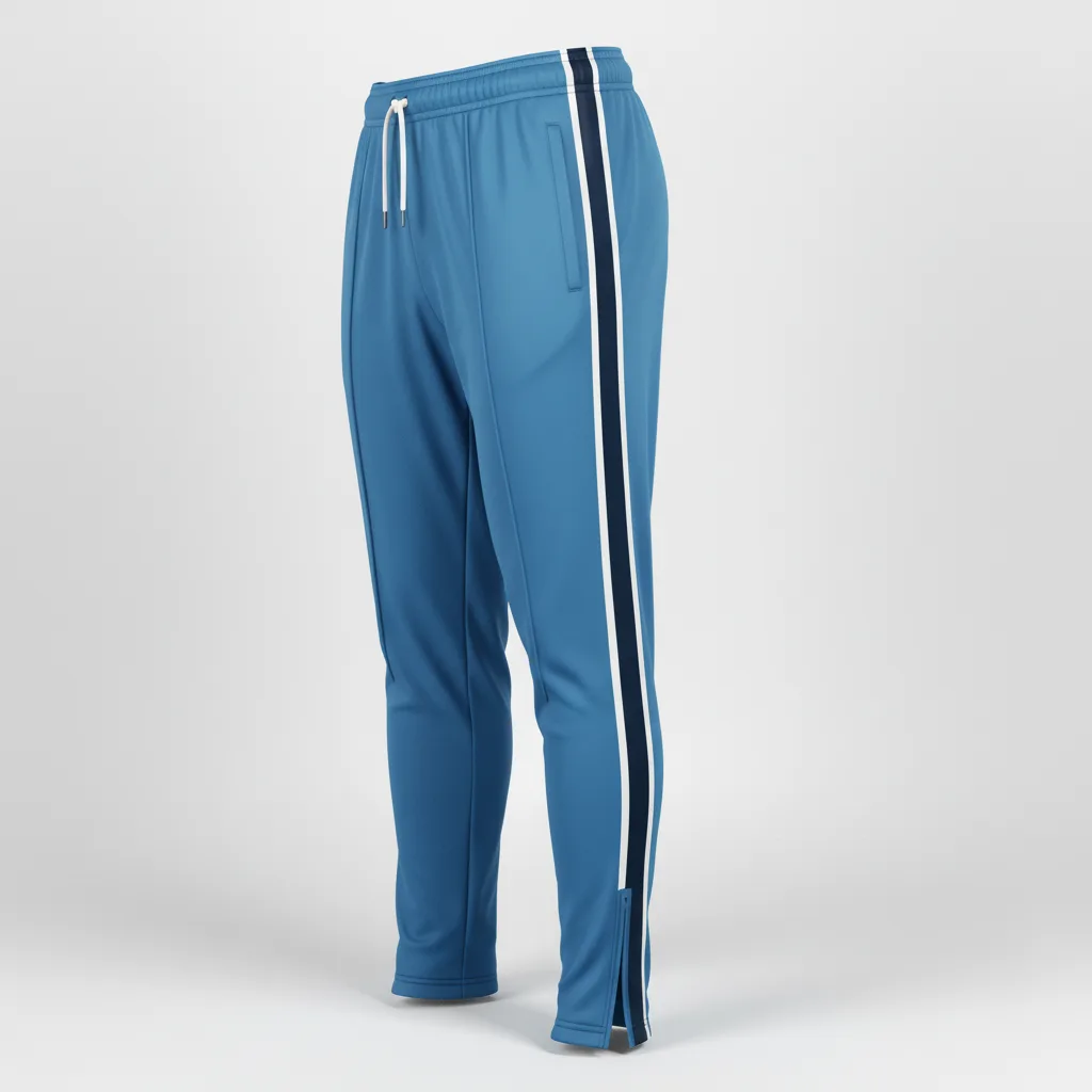 Front view of custom loose-fit soccer training pants in relaxed straight-leg cut, ~280 GSM polyester tricot with side zip pockets and sublimated team colorway from Empire Five Athletics