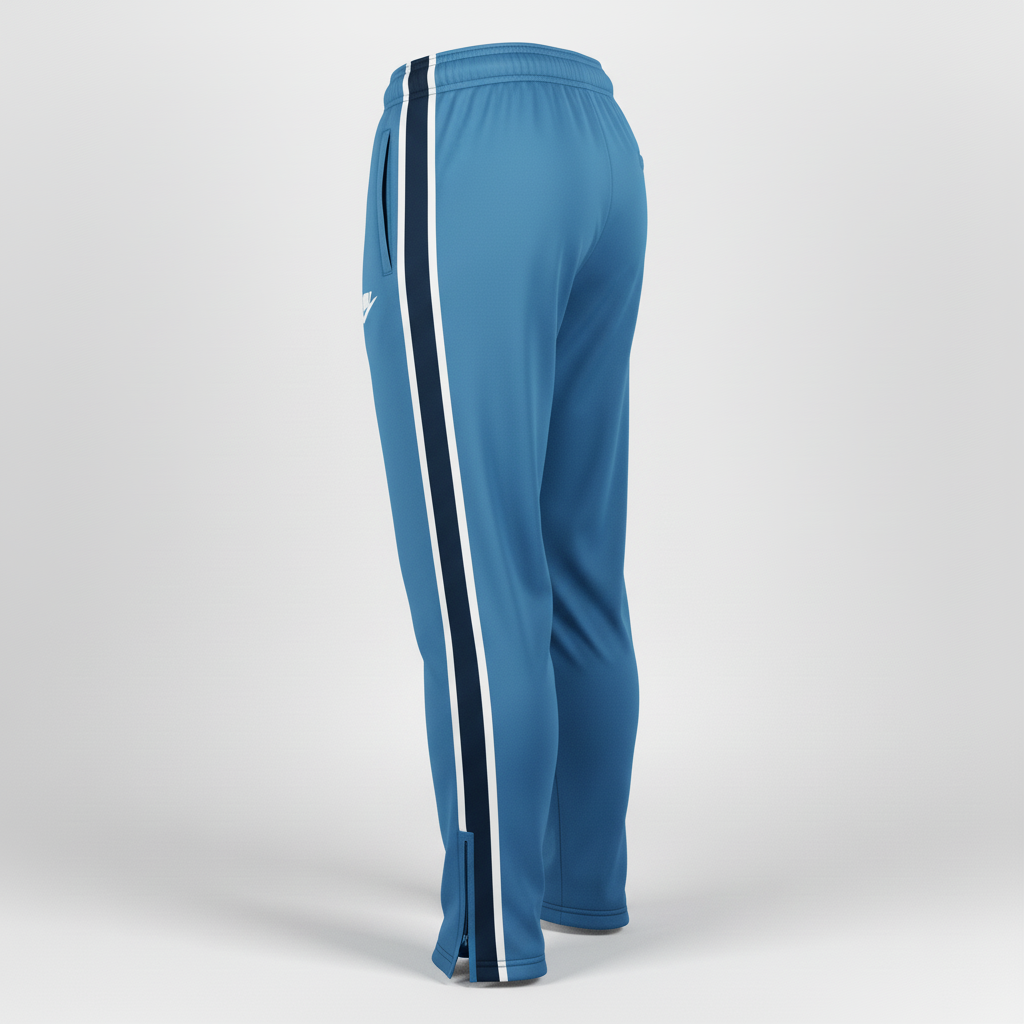 Side view of custom loose-fit soccer training pants showing the roomy straight-leg silhouette, side zip pocket, and full-leg sublimation zone