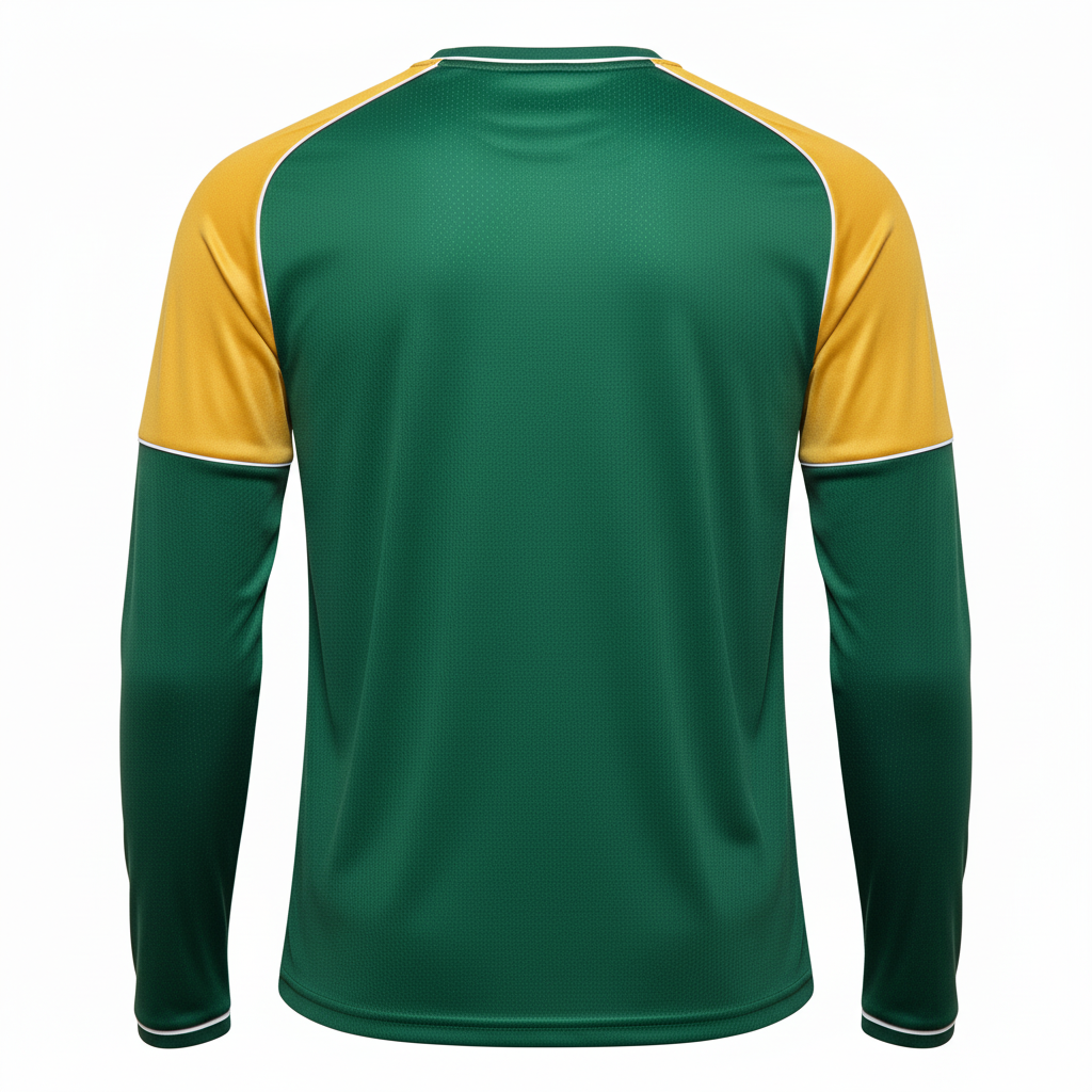 Back view of custom long-sleeve soccer training t-shirt showing the regular relaxed cut, full-length sleeves, and full-back sublimation area