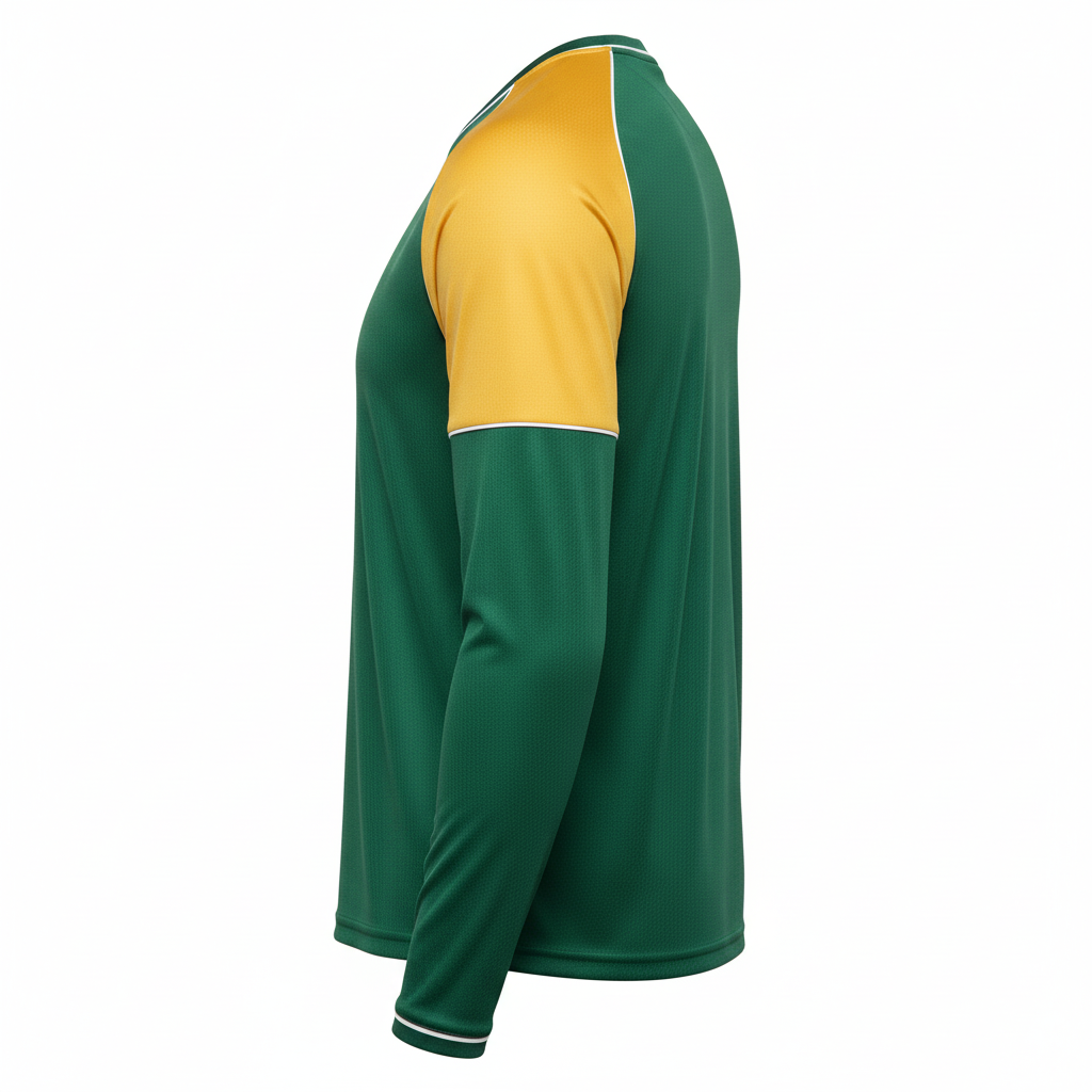 Side view of custom long-sleeve soccer training t-shirt showing the regular fit and full-length sleeve with sublimation zone