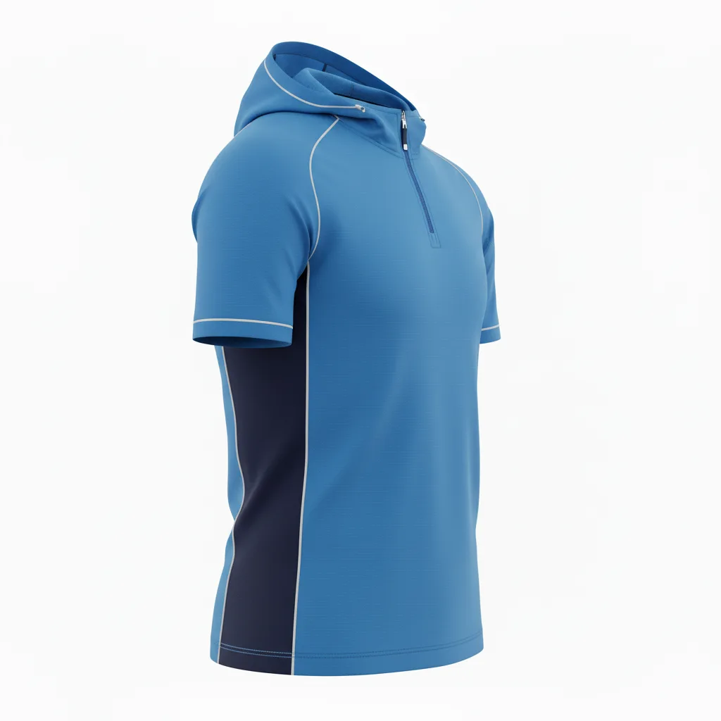 Front view of custom soccer wind shirt, a lightweight short-sleeve hooded pullover with a quarter-zip neck and ventilated side panels in sublimated team colors from Empire Five Athletics