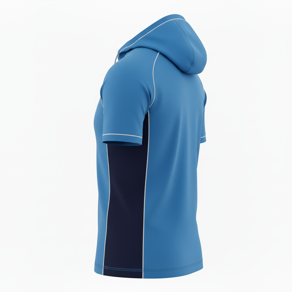 Side view of custom soccer wind shirt showing the short sleeve, ventilated side panel, and quarter-zip neck