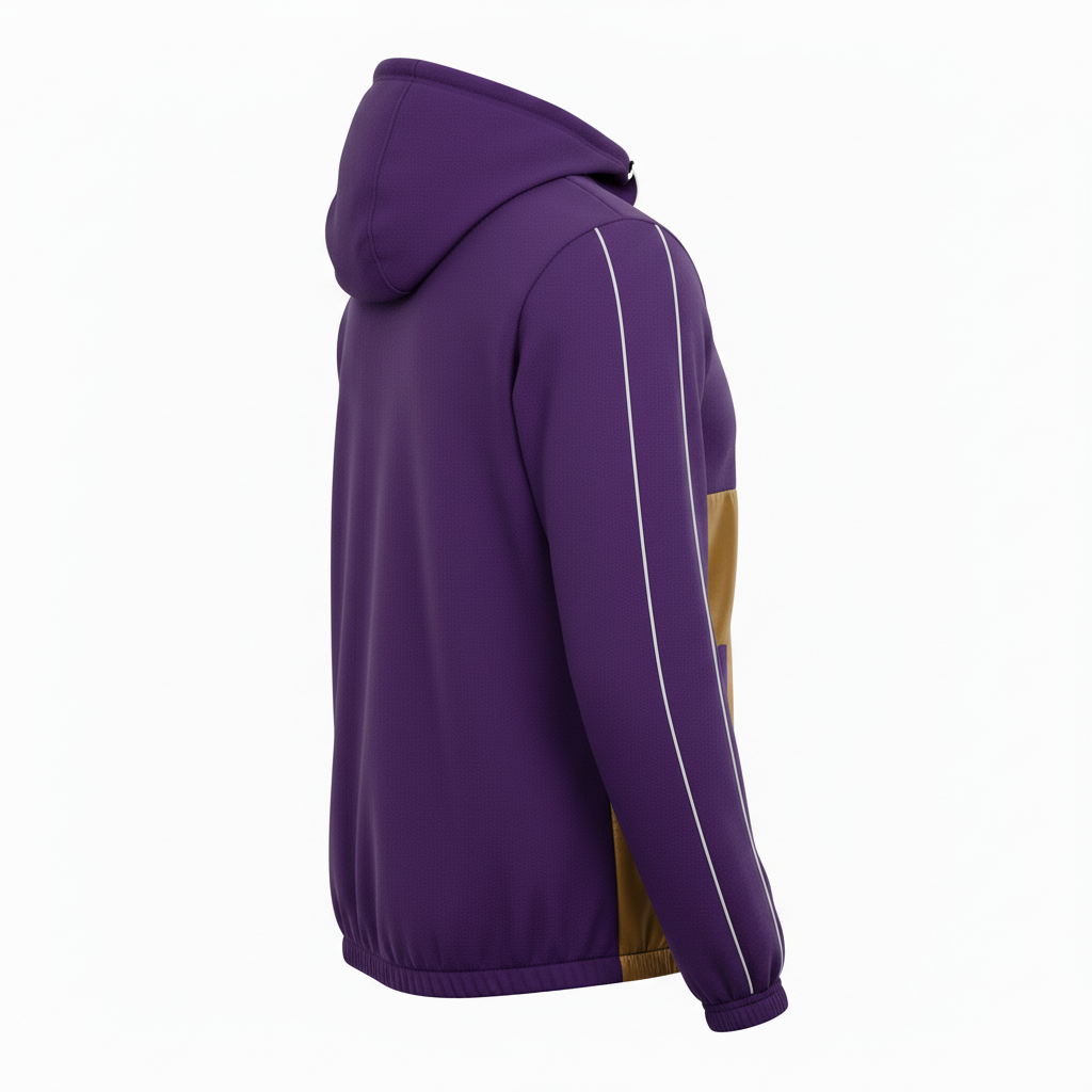 Side view of custom soccer windbreaker showing the hip-length cut, full-zip front, and packable hood